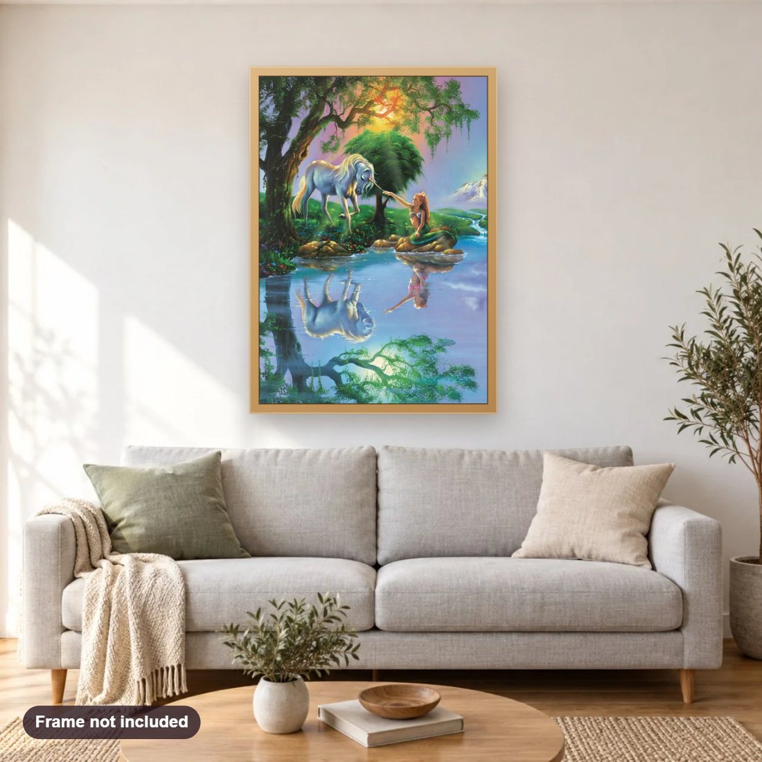 Dream Island diamond painting shown framed on a living room wall above a sofa