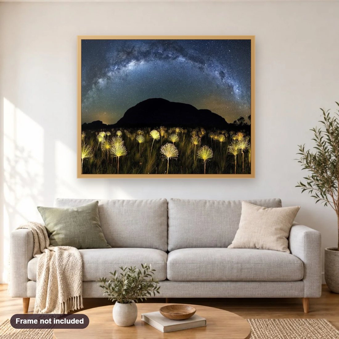 Dream Night Sky & Magical Flowers diamond painting shown framed on a living room wall above a sofa