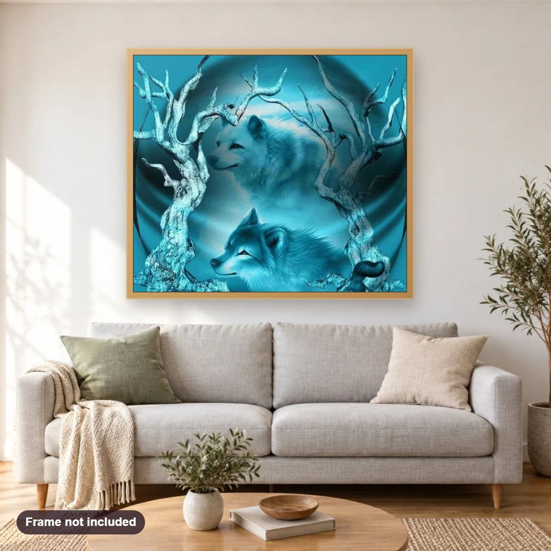 Dream Wolves diamond painting shown framed on a living room wall above a sofa