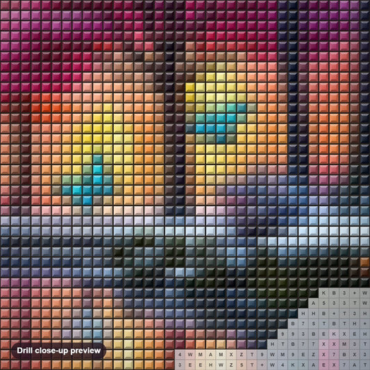 Close-up preview of the Dreamland diamond painting with square 5D drills and printed canvas symbols