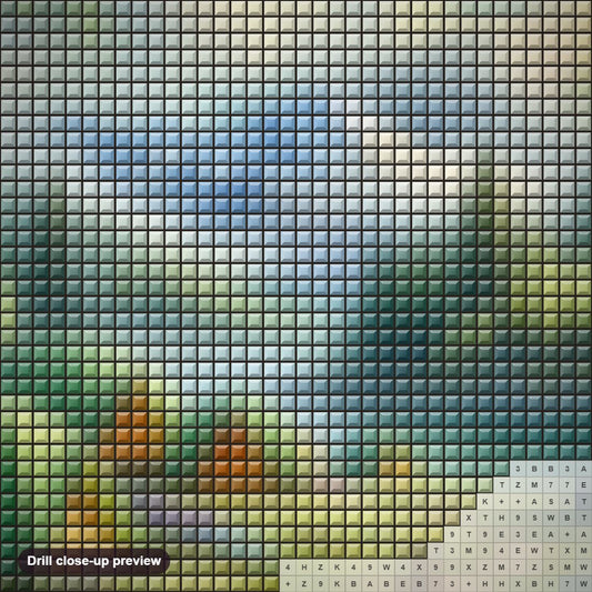 Close-up preview of the Dreamy Camping in the Mountains By The Water diamond painting with square 5D drills and printed canvas symbols
