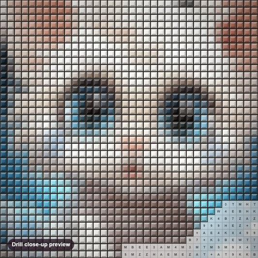 Close-up preview of the Dreamy Eyes of the White Cat diamond painting with square 5D drills and printed canvas symbols