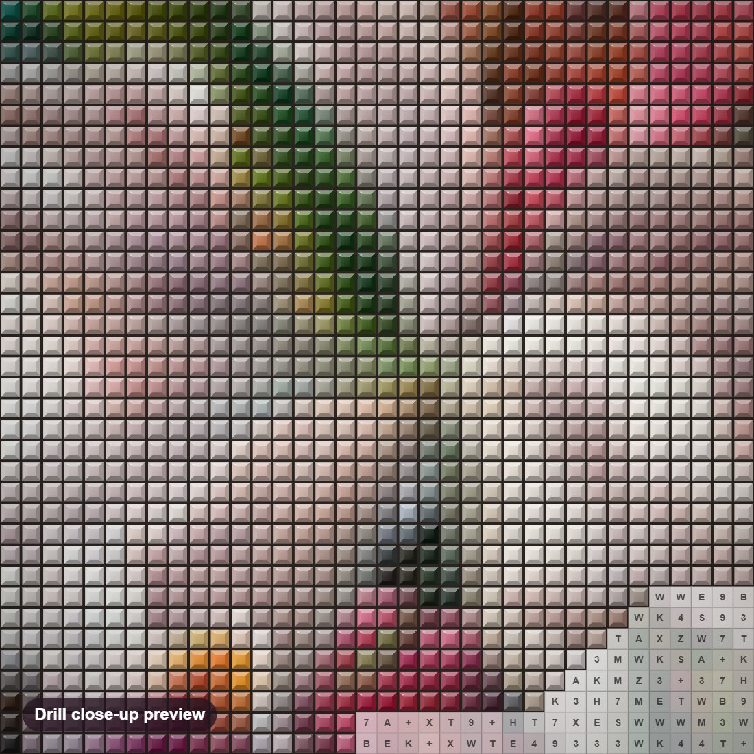 Close-up preview of the Dreamy Flower diamond painting with square 5D drills and printed canvas symbols