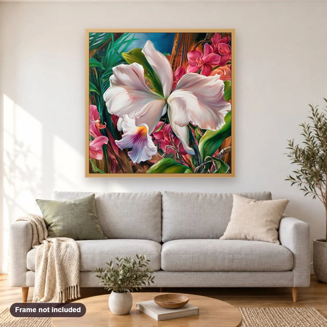 Dreamy Flower diamond painting shown framed on a living room wall above a sofa