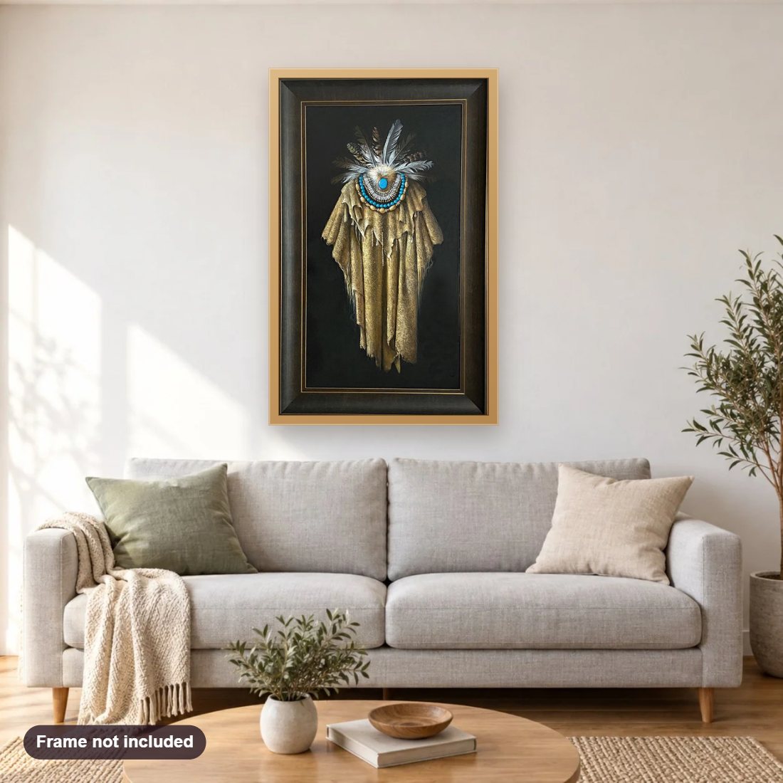 Dress & Feathers diamond painting shown framed on a living room wall above a sofa