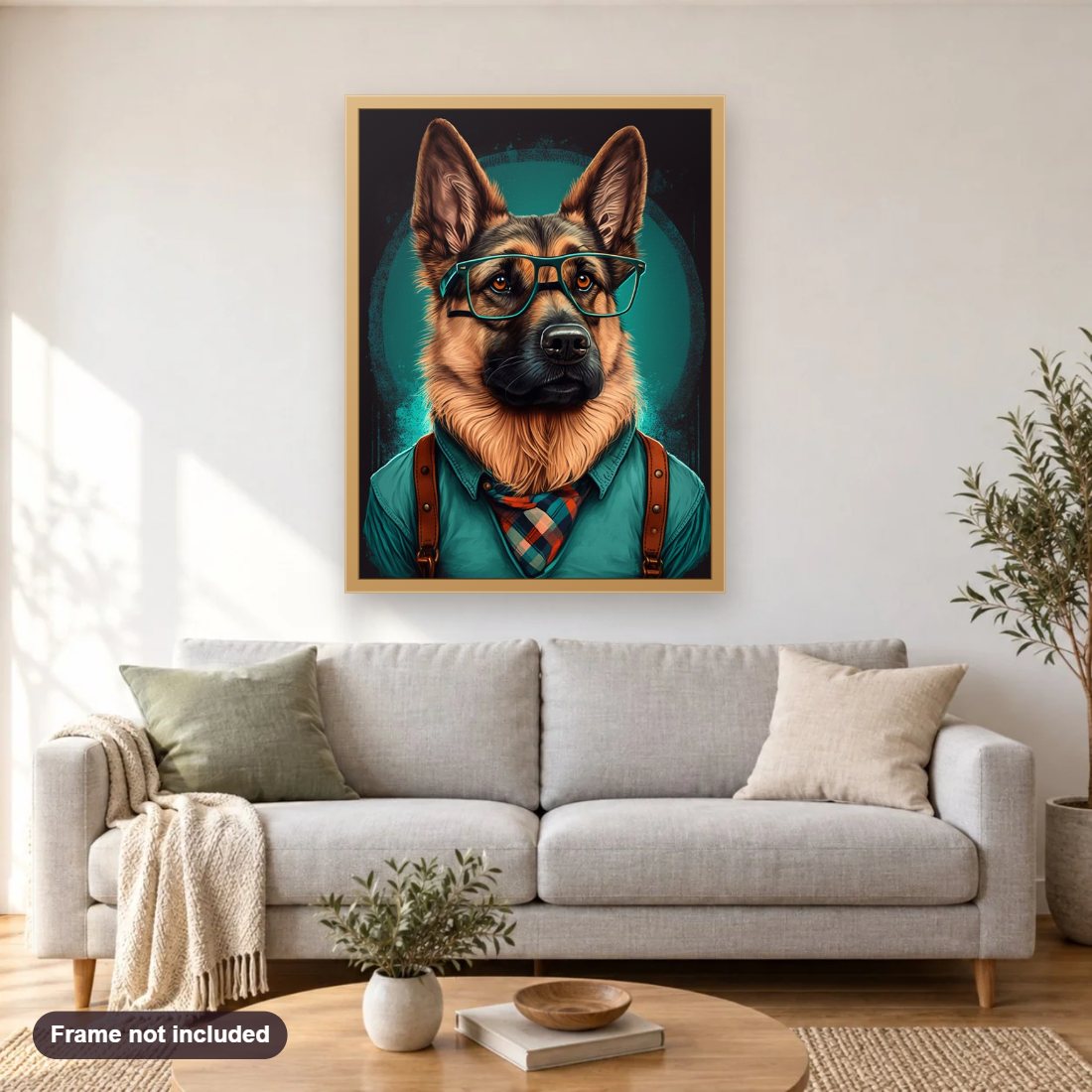 Dress up Like Me diamond painting shown framed on a living room wall above a sofa