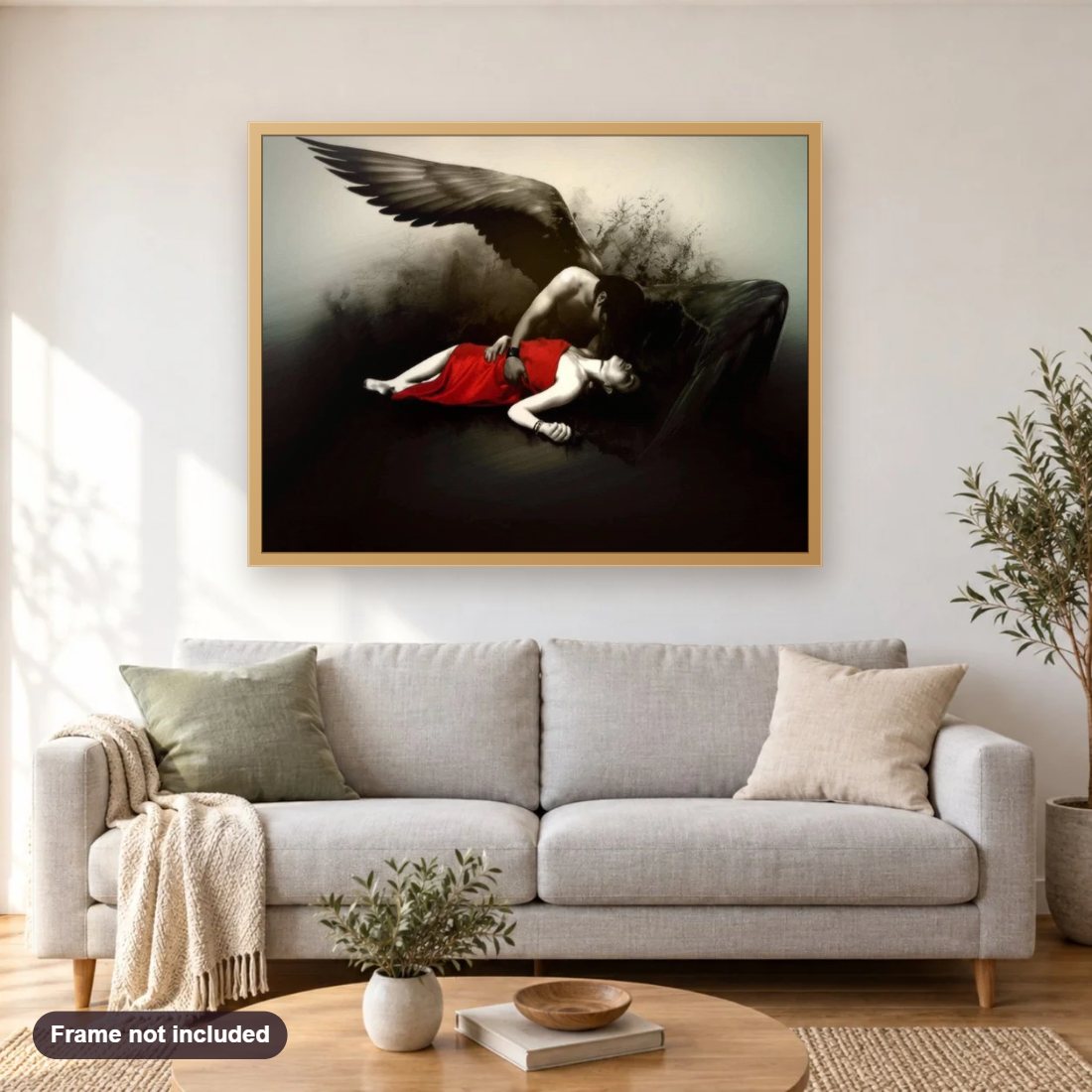 Dying in Your Arms diamond painting shown framed on a living room wall above a sofa
