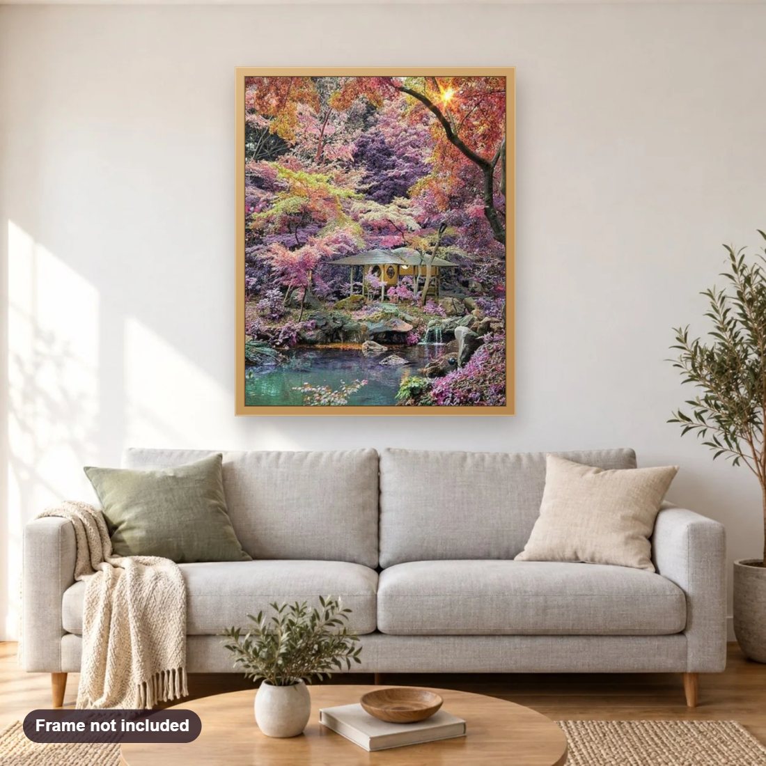 Early December in Japan diamond painting shown framed on a living room wall above a sofa