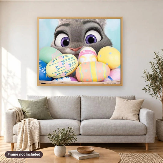 Easter Bunny diamond painting shown framed on a living room wall above a sofa