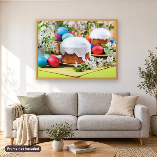 Easter Celebrations diamond painting shown framed on a living room wall above a sofa