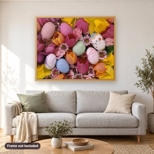 Easter Eggs & Flowers diamond painting shown framed on a living room wall above a sofa