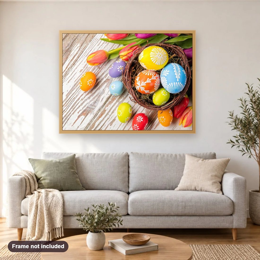 Easter Eggs & Tulips diamond painting shown framed on a living room wall above a sofa