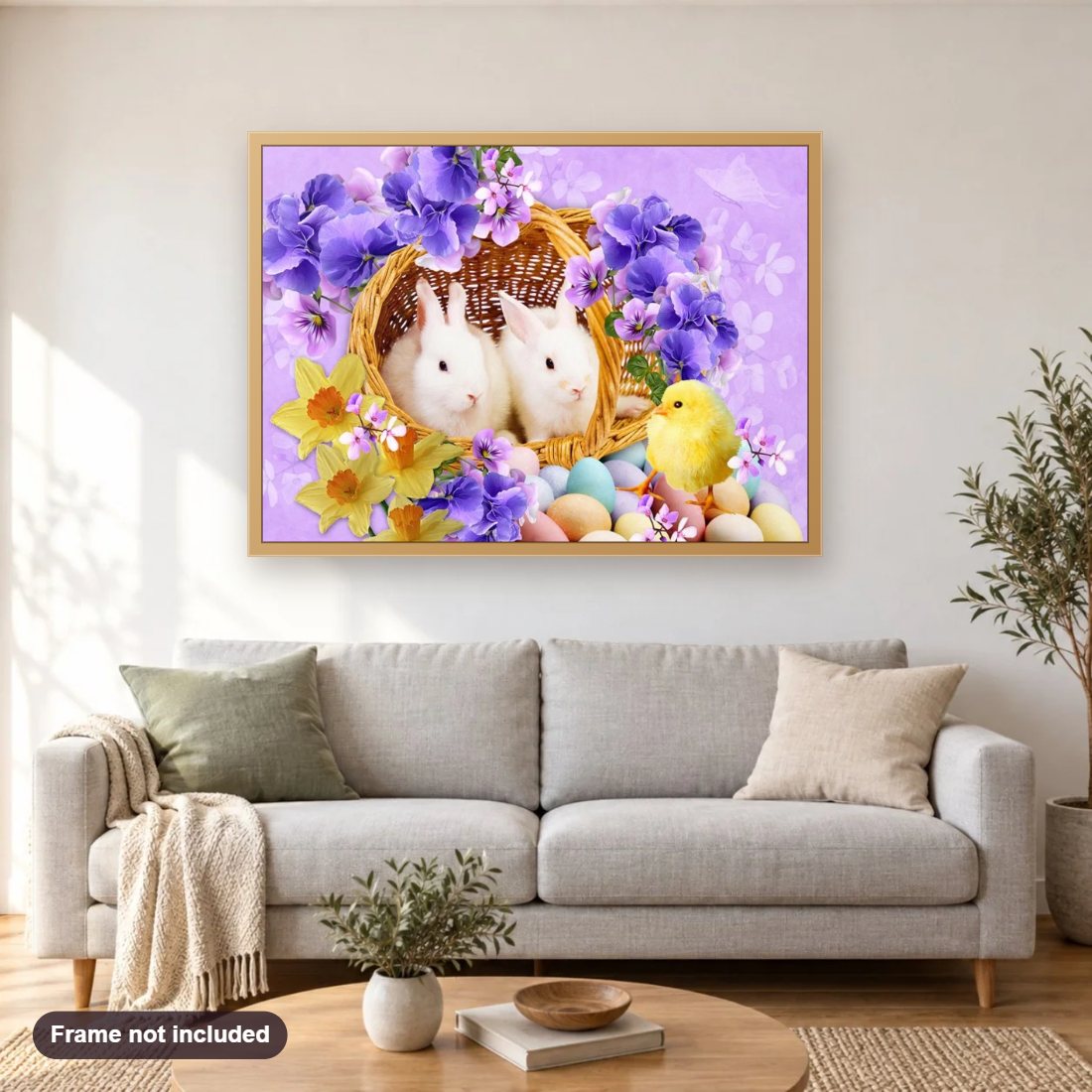 Easter Rabbits & Little Chick diamond painting shown framed on a living room wall above a sofa