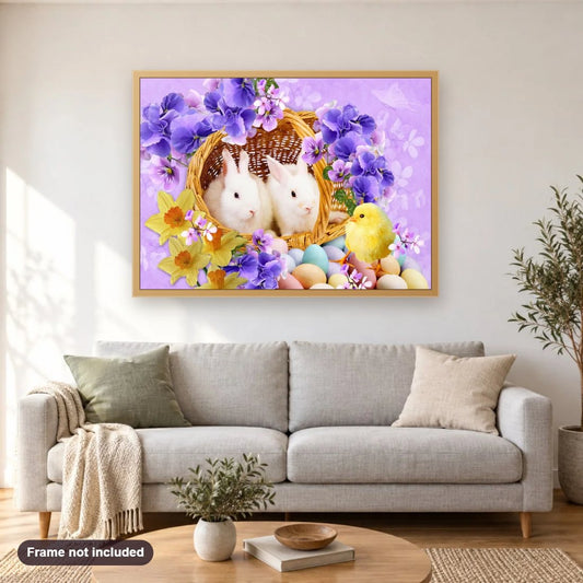 Easter Rabbits & Little Chick diamond painting shown framed on a living room wall above a sofa