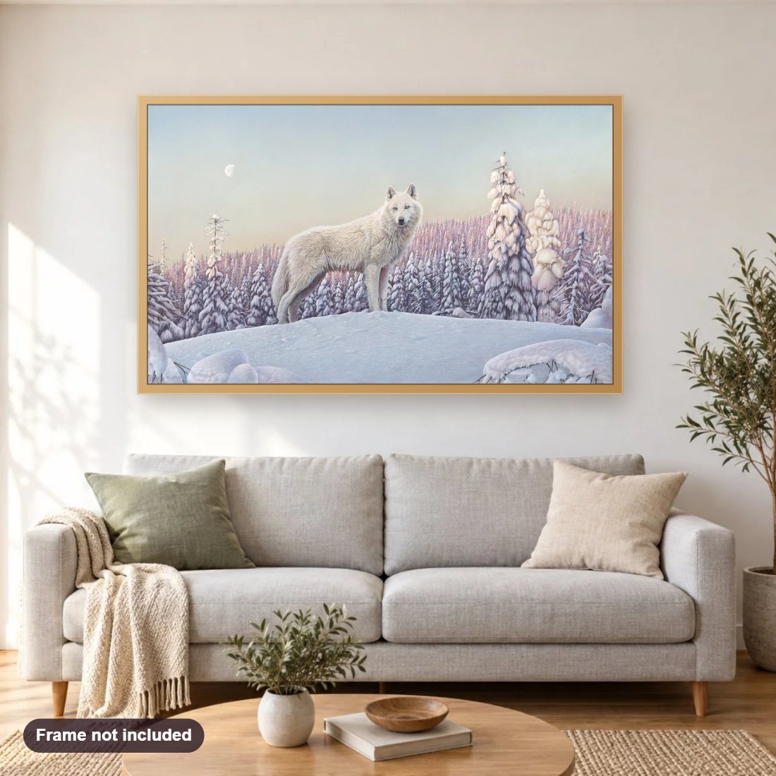 Edge of the Darkness diamond painting shown framed on a living room wall above a sofa