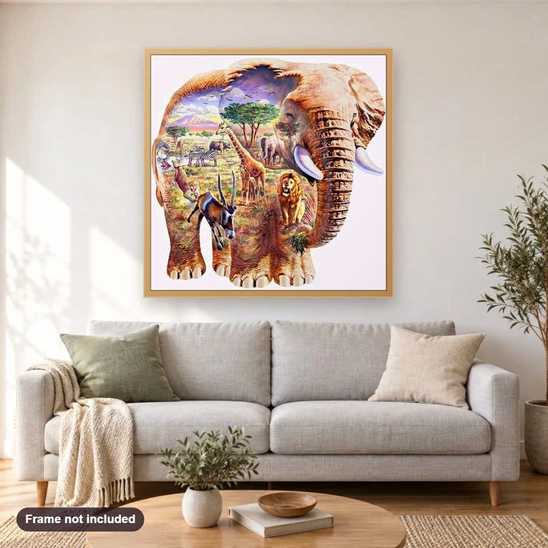 Egypt Zoo diamond painting shown framed on a living room wall above a sofa