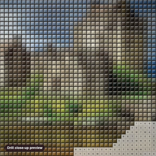Close-up preview of the Eilean Donan Castle diamond painting with square 5D drills and printed canvas symbols