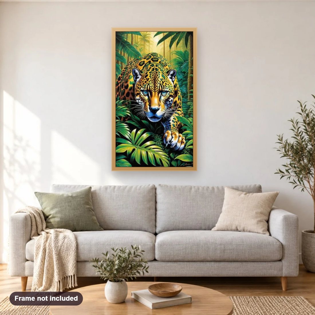 Elegance of Leopard diamond painting shown framed on a living room wall above a sofa