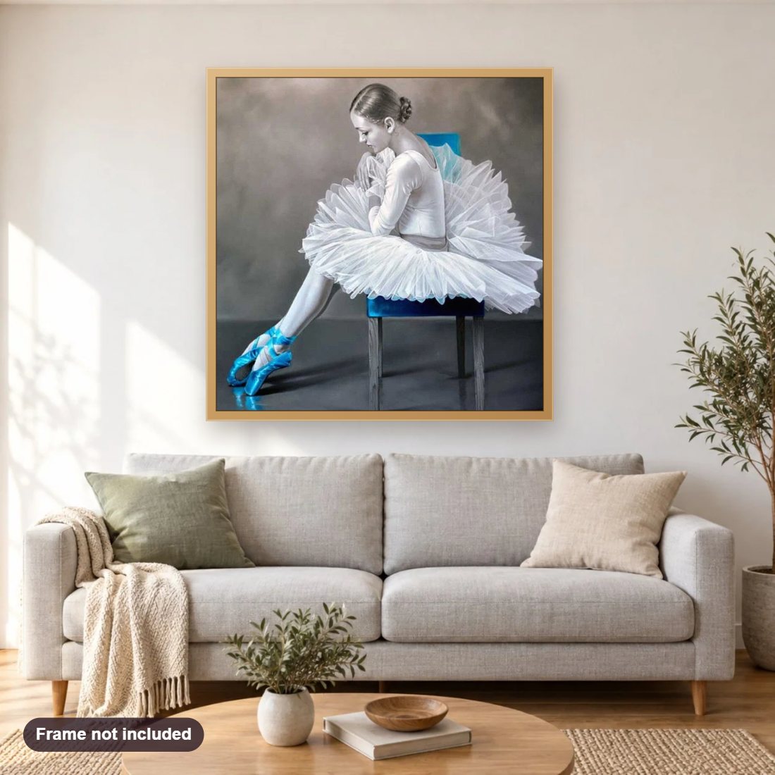 Elegant Ballet Girl diamond painting shown framed on a living room wall above a sofa