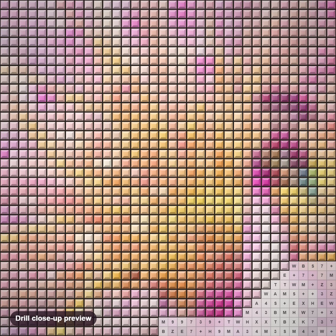 Close-up preview of the Elegant Pink Peacock & Flowers diamond painting with square 5D drills and printed canvas symbols