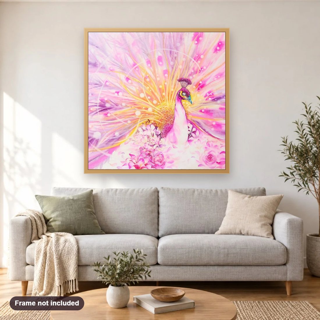 Elegant Pink Peacock & Flowers diamond painting shown framed on a living room wall above a sofa
