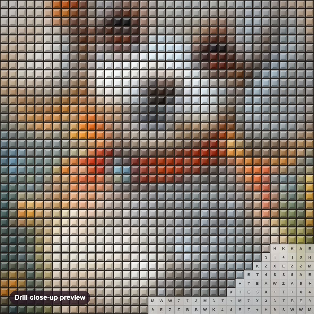 Close-up preview of the Elegant White Dog Surrounded by Orange Flowers diamond painting with square 5D drills and printed canvas symbols
