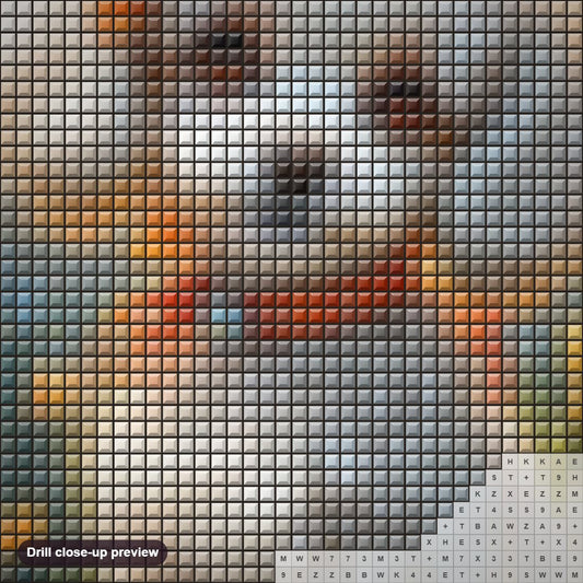 Close-up preview of the Elegant White Dog Surrounded by Orange Flowers diamond painting with square 5D drills and printed canvas symbols