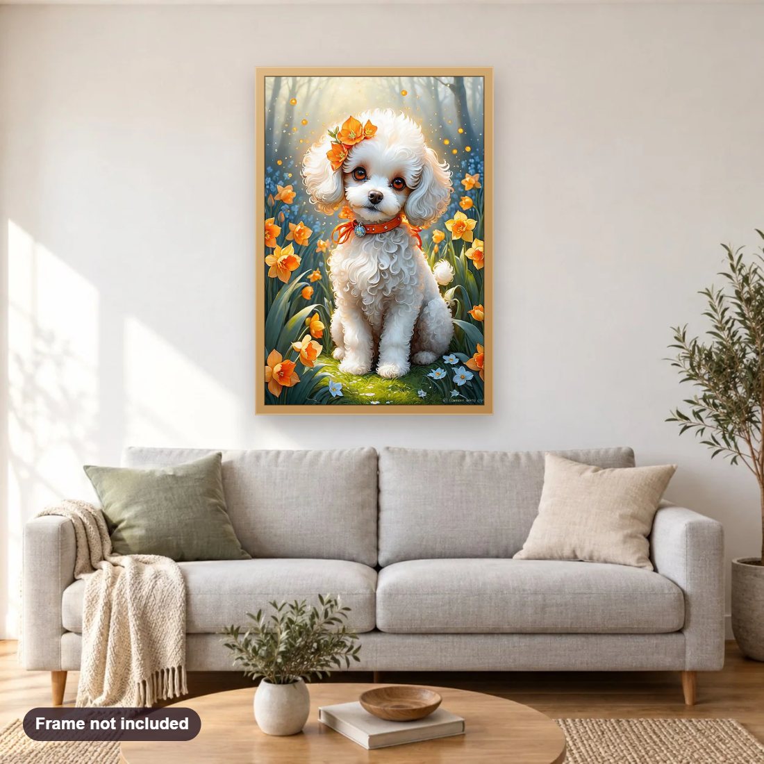 Elegant White Dog Surrounded by Orange Flowers diamond painting shown framed on a living room wall above a sofa