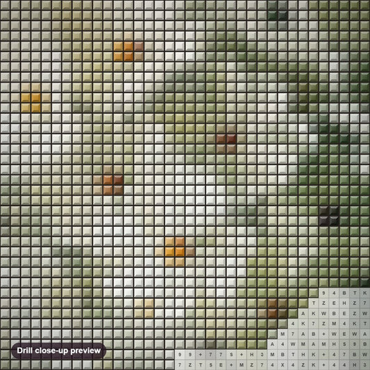 Close-up preview of the Elegant White Flowers in Vase diamond painting with square 5D drills and printed canvas symbols