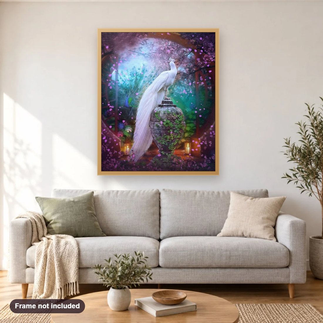 Elegant White Peacock diamond painting shown framed on a living room wall above a sofa