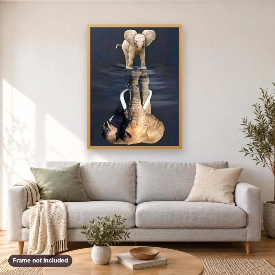 Elephant Dreaming Big diamond painting shown framed on a living room wall above a sofa