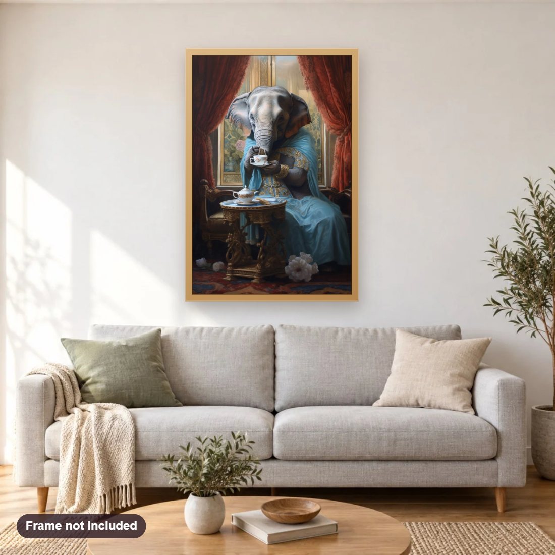 Elephant Mistress Sipping the tea diamond painting shown framed on a living room wall above a sofa