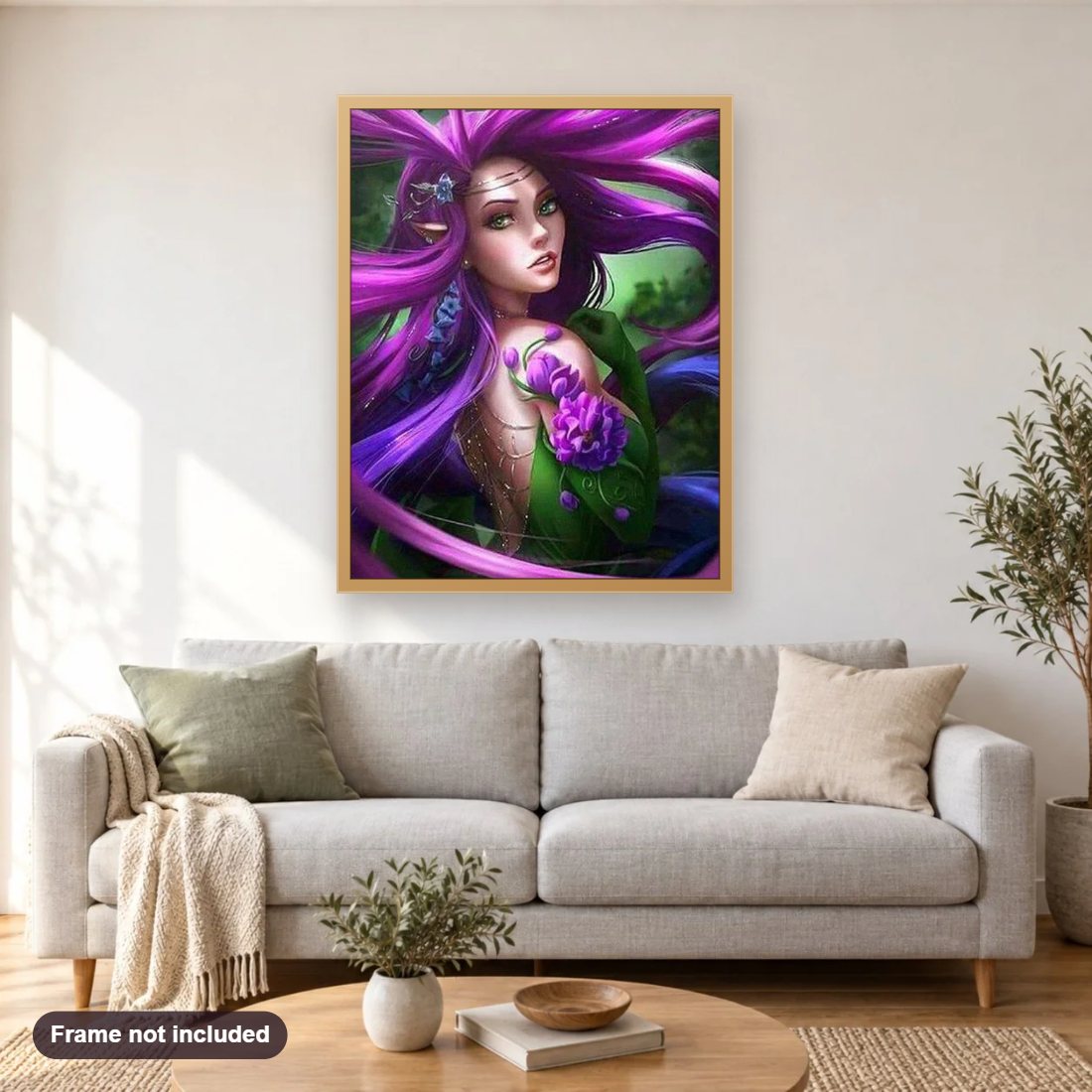 Elf Beauty diamond painting shown framed on a living room wall above a sofa