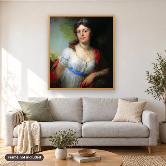 Elizabeth Grigoryevna Temkina by Vladimir Borovikovsky diamond painting shown framed on a living room wall above a sofa