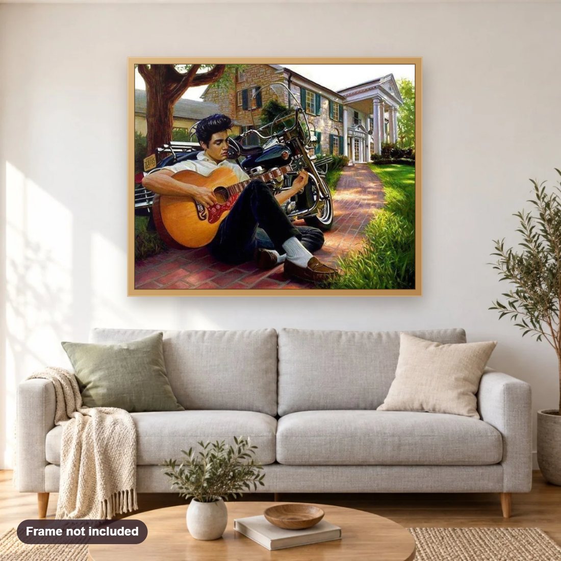 Elvis Presley diamond painting shown framed on a living room wall above a sofa
