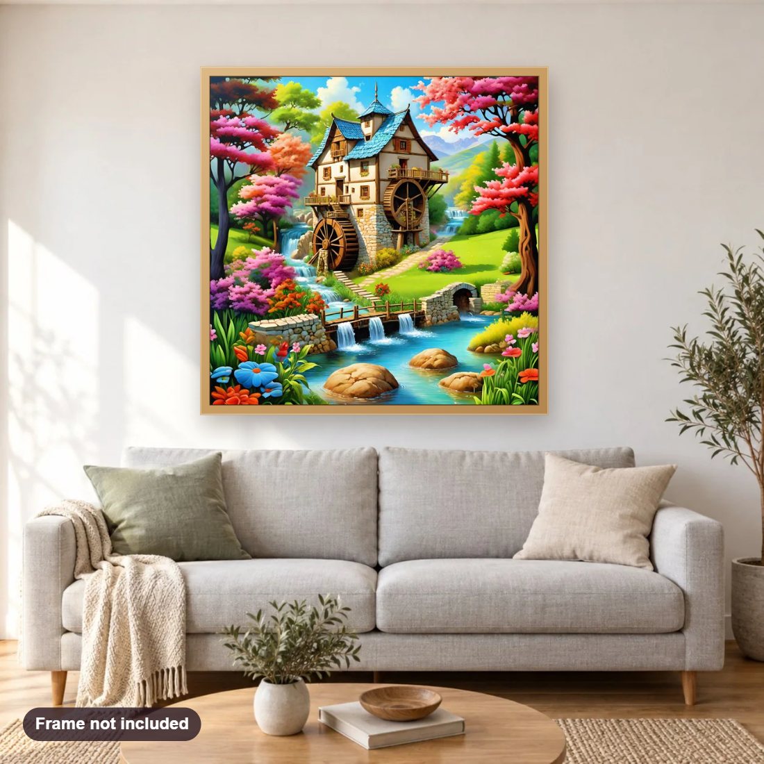 Embracing the Beauty of Nature diamond painting shown framed on a living room wall above a sofa