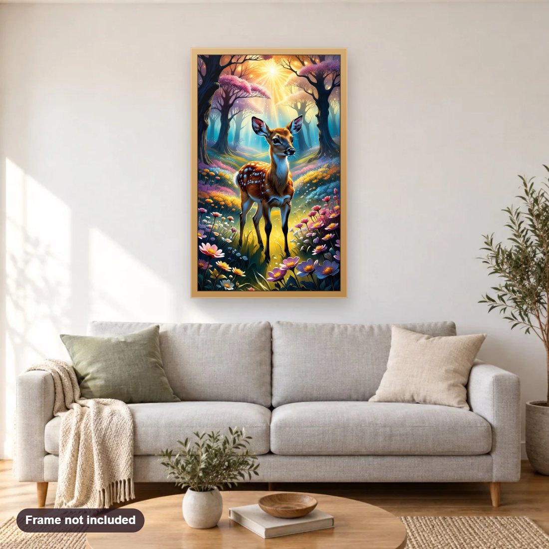 Enchanted Antlers in a Radiant Garden diamond painting shown framed on a living room wall above a sofa