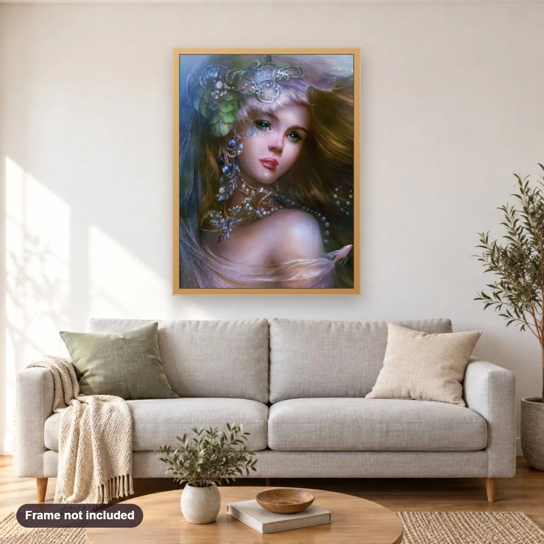 Enchanted Beauty diamond painting shown framed on a living room wall above a sofa