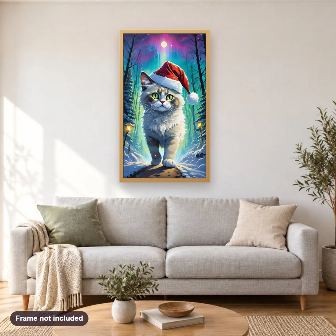 Enchanting Christmas Walk diamond painting shown framed on a living room wall above a sofa