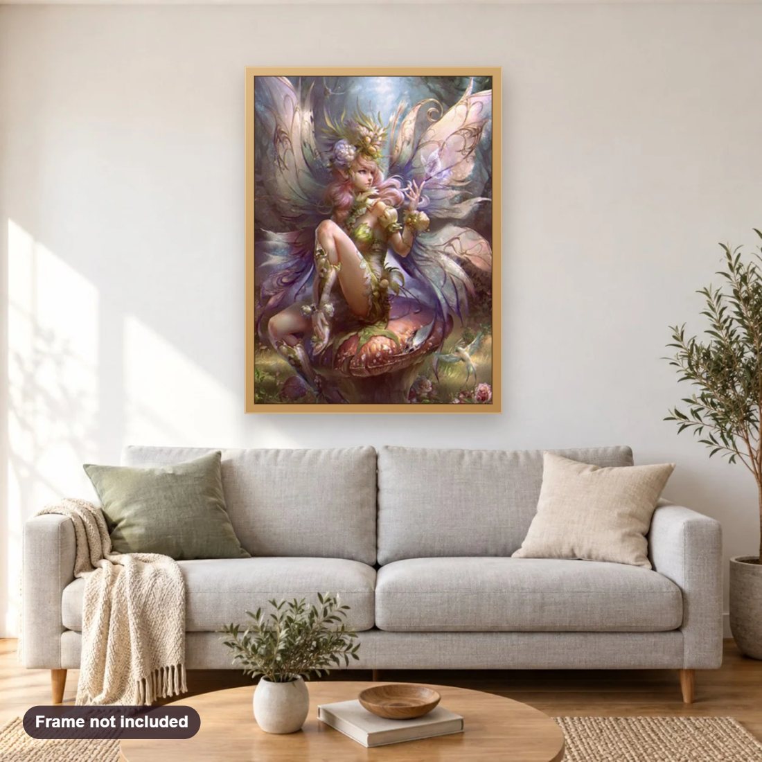 Enchanting Fairy diamond painting shown framed on a living room wall above a sofa