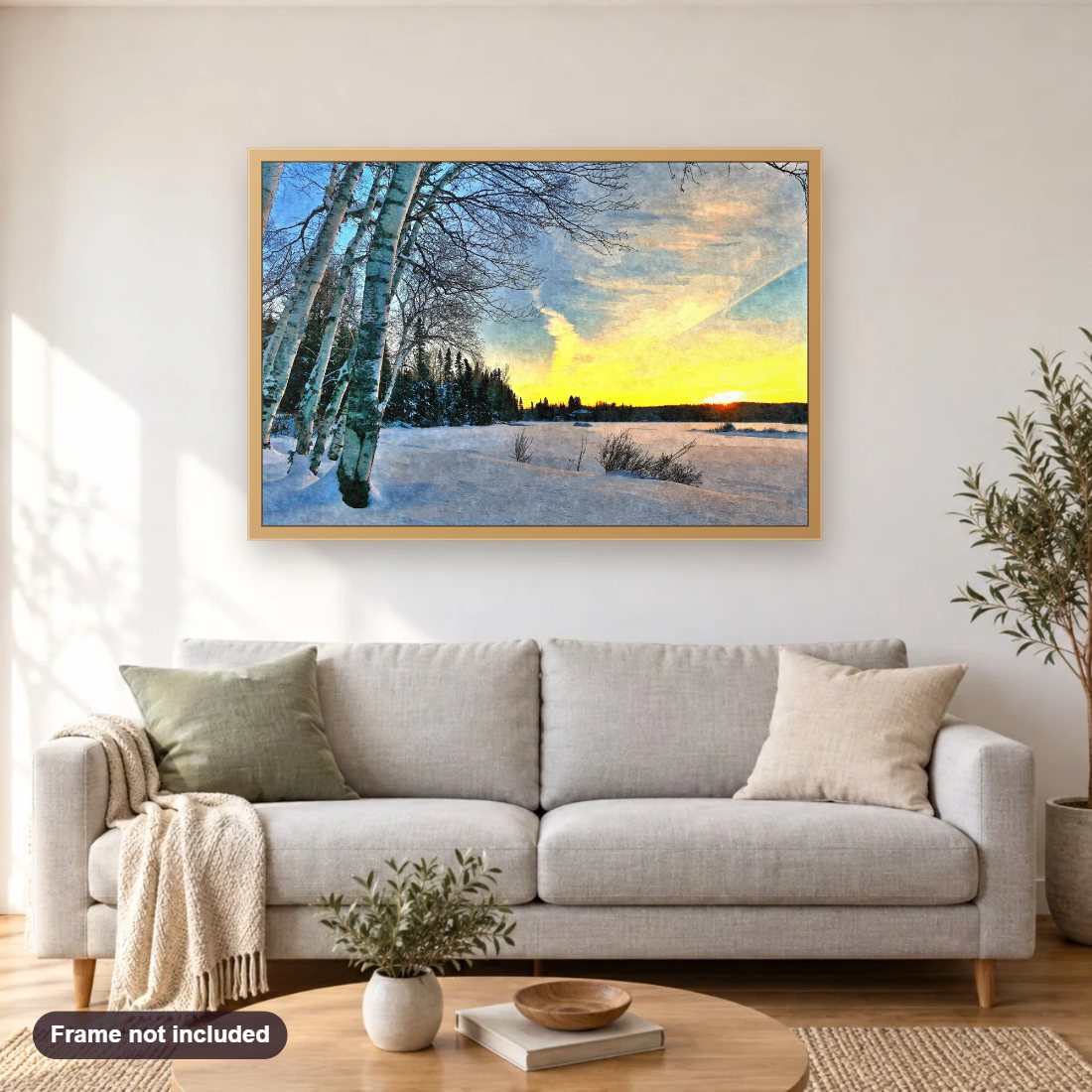 End Of A Winter Day diamond painting shown framed on a living room wall above a sofa