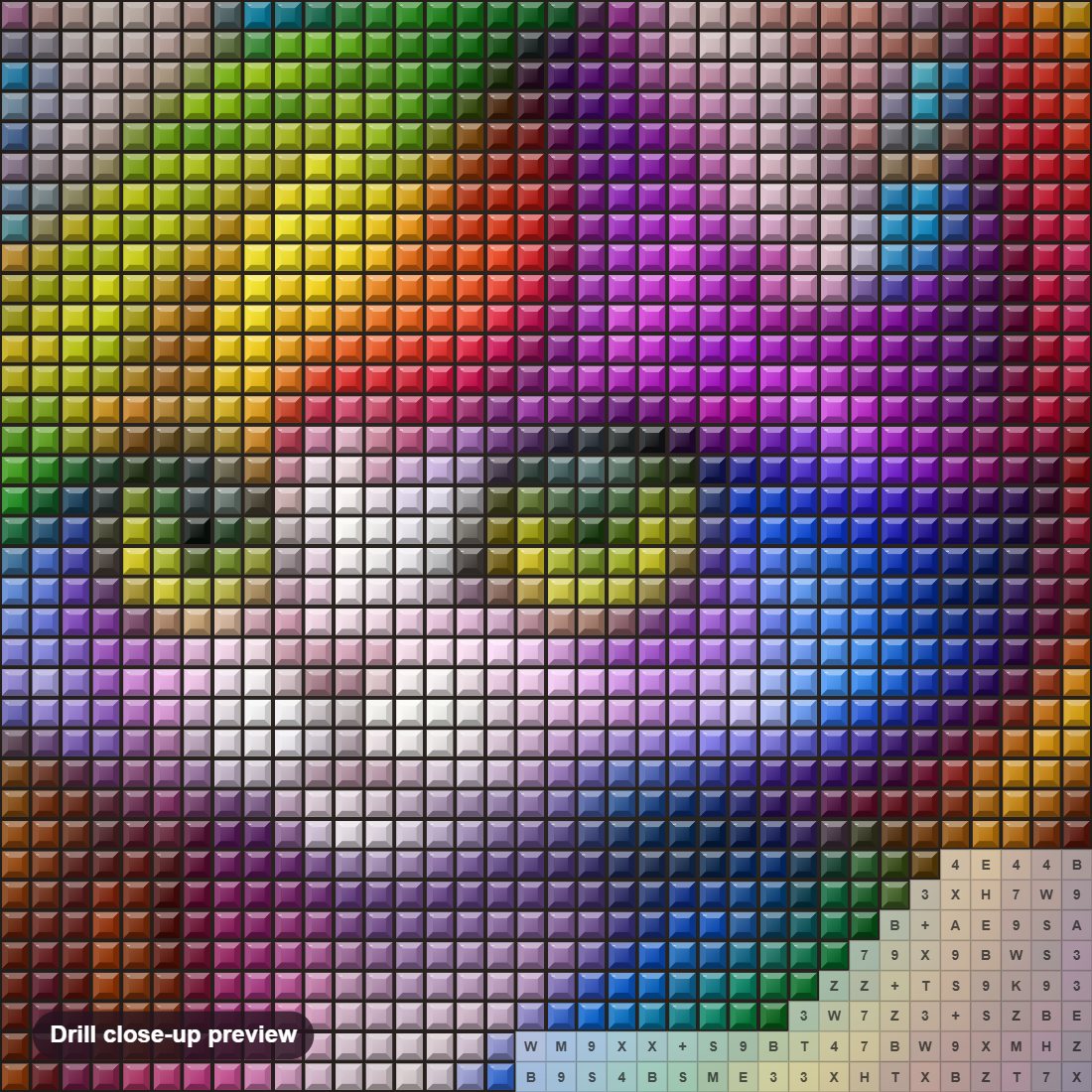 Close-up preview of the Endearing Cat With Rainbow Colors diamond painting with square 5D drills and printed canvas symbols