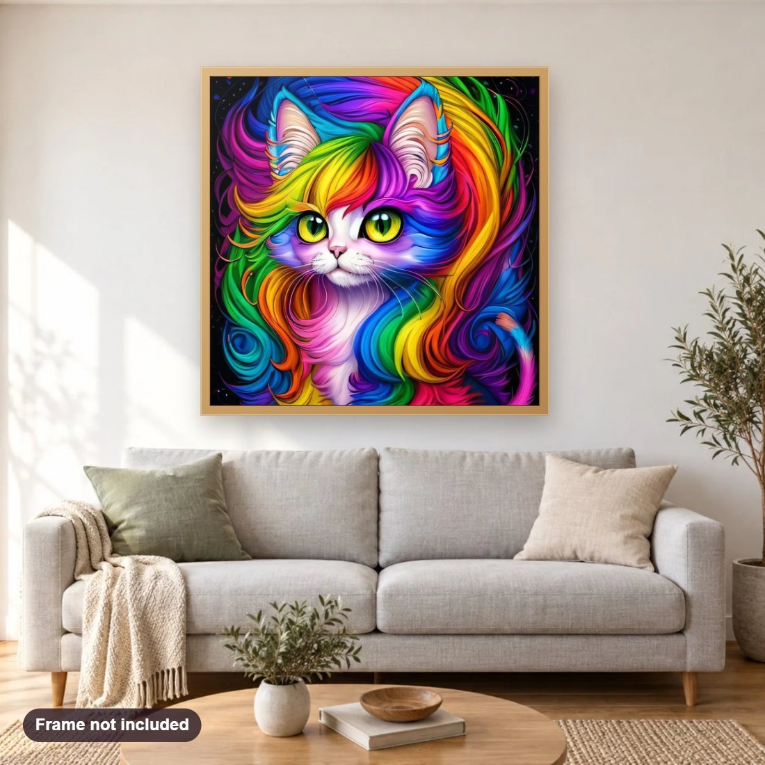 Endearing Cat With Rainbow Colors diamond painting shown framed on a living room wall above a sofa