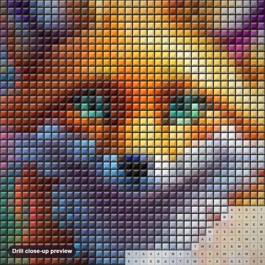 Close-up preview of the Enigmatic Glowing Eyed Fox diamond painting with square 5D drills and printed canvas symbols