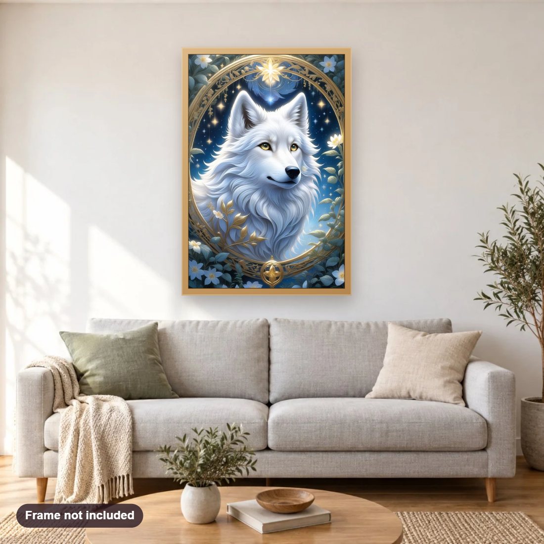 Ethereal Watcher Gold Eyed Wolf diamond painting shown framed on a living room wall above a sofa