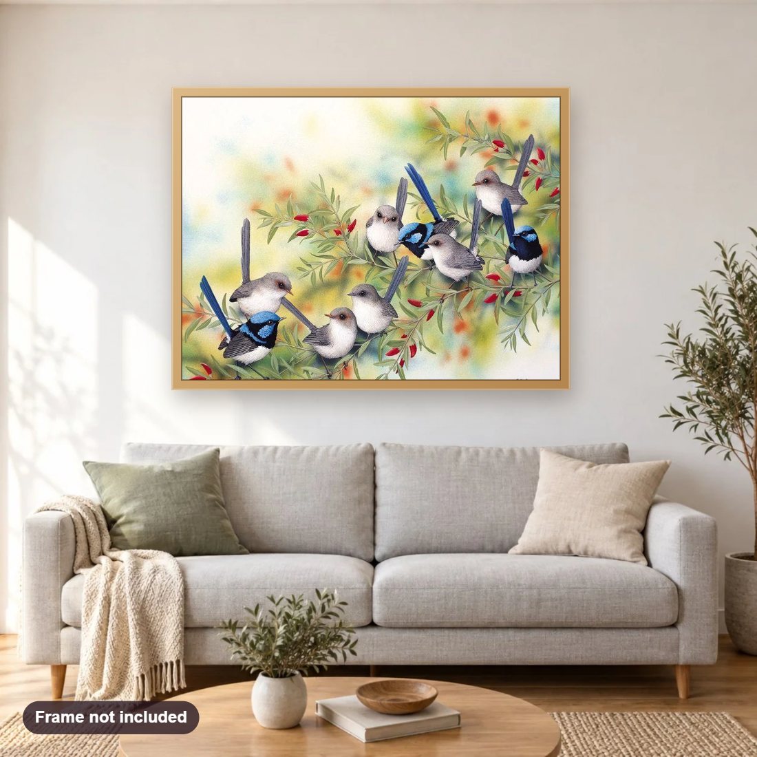 Eurasian magpies diamond painting shown framed on a living room wall above a sofa