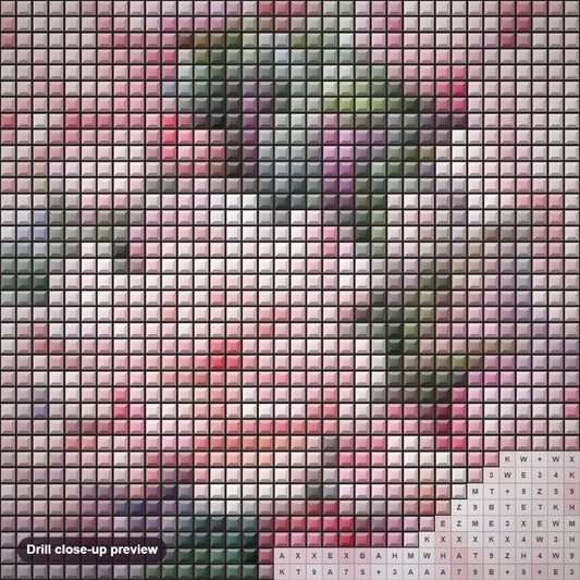 Close-up preview of the European common peony diamond painting with square 5D drills and printed canvas symbols