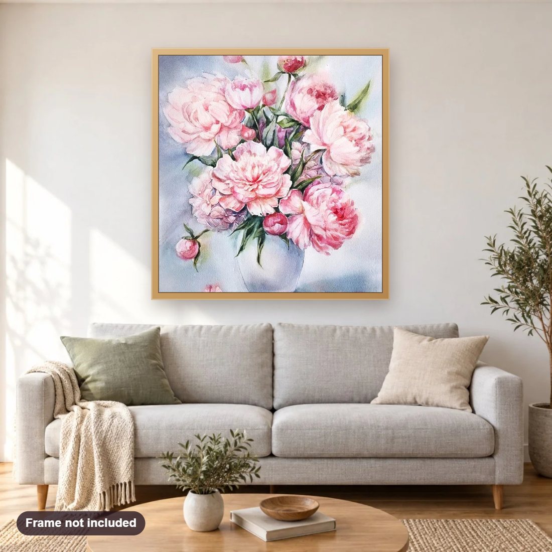 European common peony diamond painting shown framed on a living room wall above a sofa