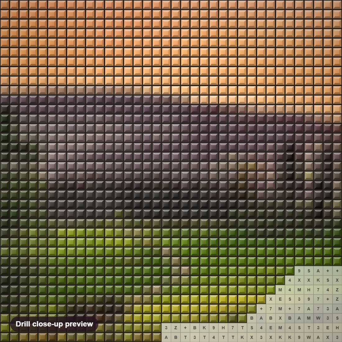 Close-up preview of the Evening Pasture diamond painting with square 5D drills and printed canvas symbols