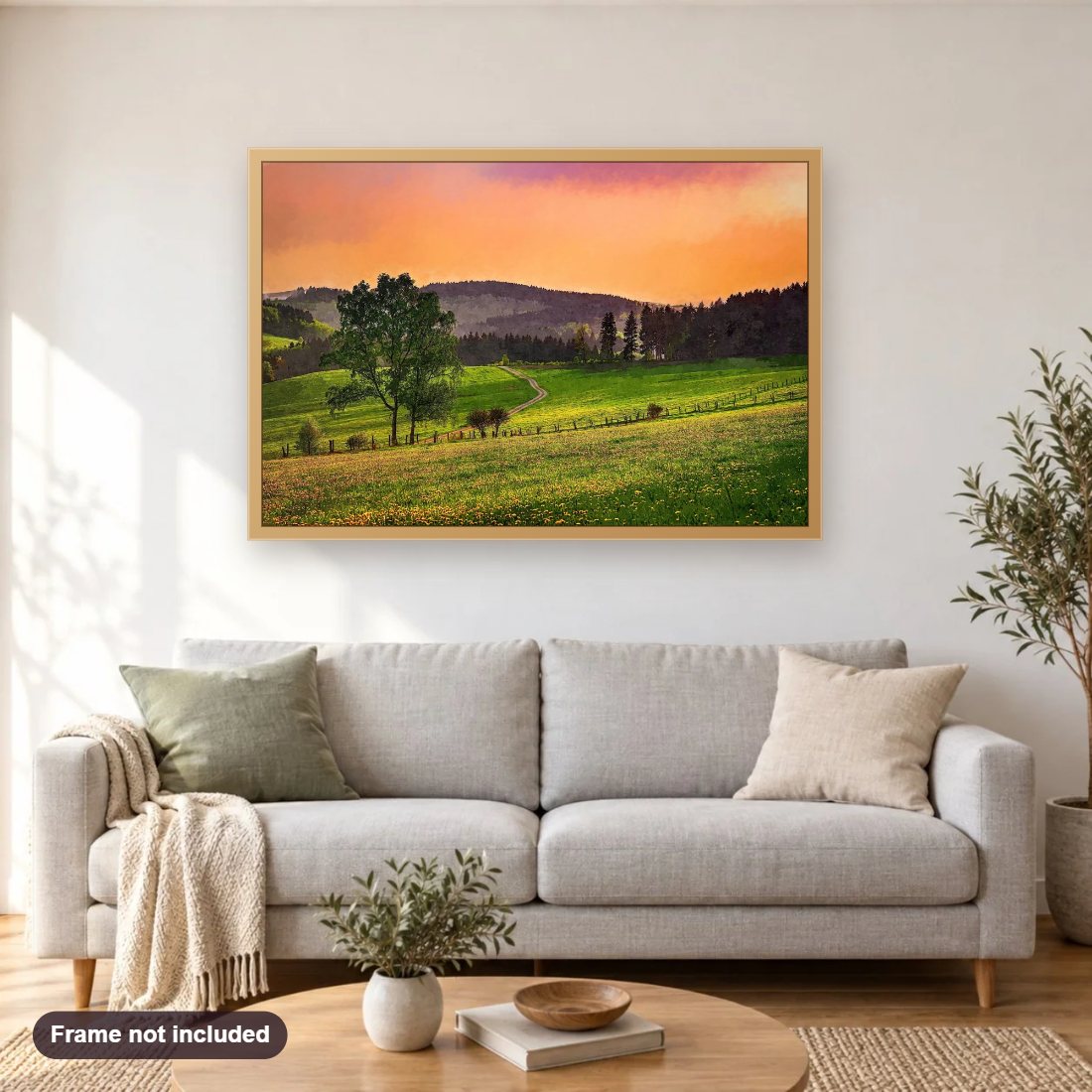 Evening Pasture diamond painting shown framed on a living room wall above a sofa
